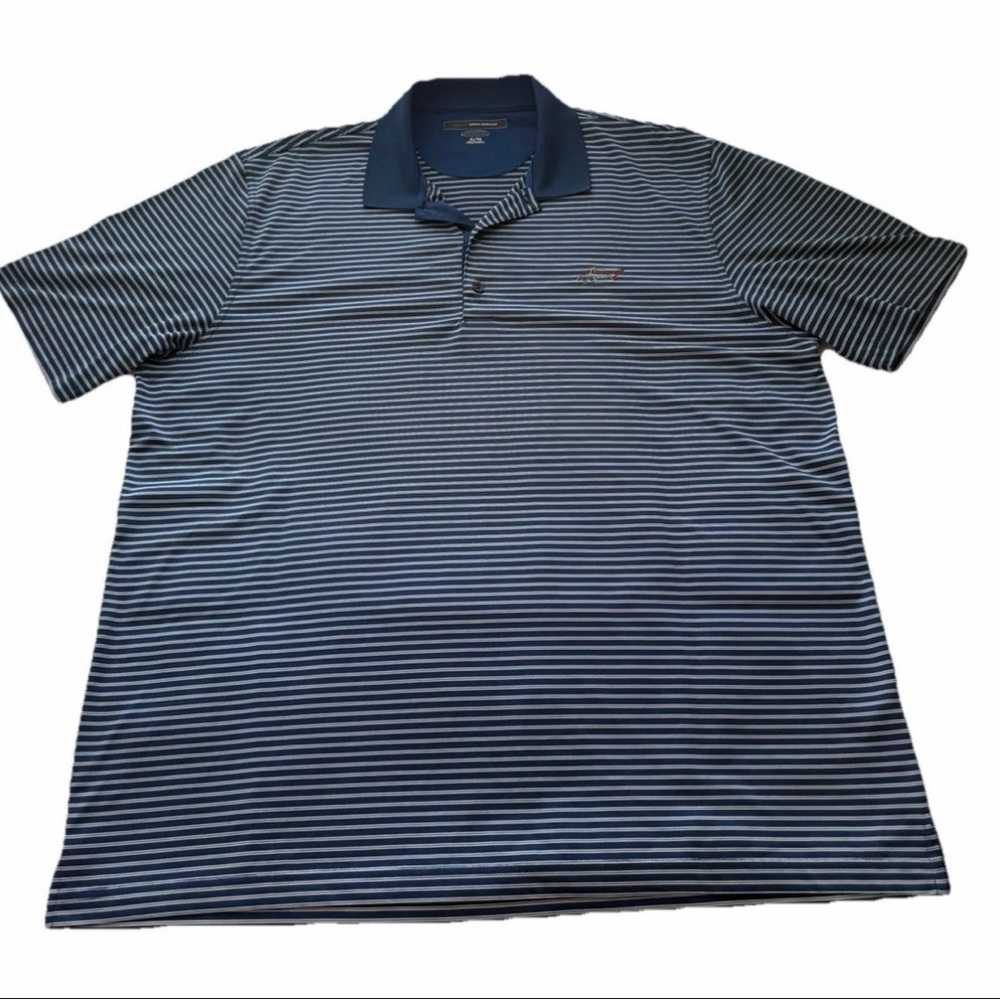 Greg Norman Golf Polo Shirt XL Blue White Striped Lightweight Performance Logo